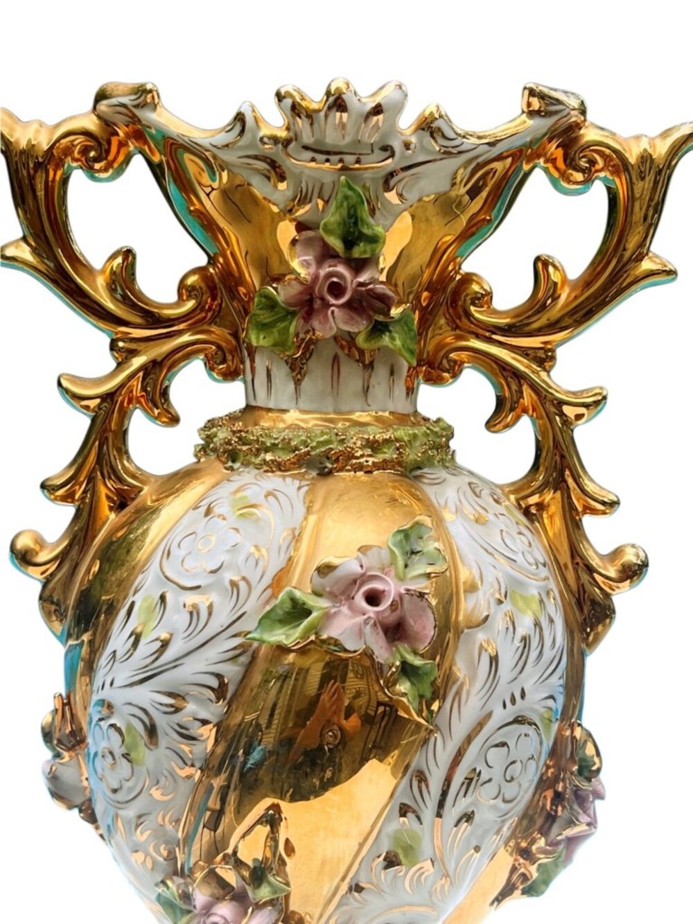 Vintage Ornate Porcelain Vase With Gold Detailing & Floral Accents - Picture 2 of 8